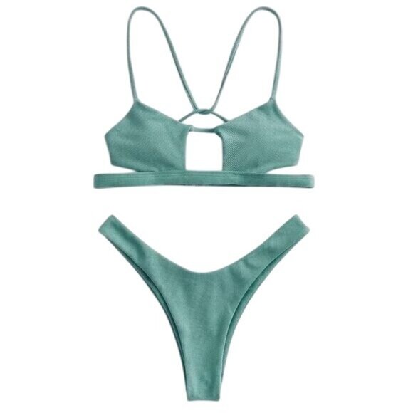 Zaful Women’s Small Bikini Set Green Strappy Cut Out Tie Back Top Thong Bottom - Picture 4 of 9